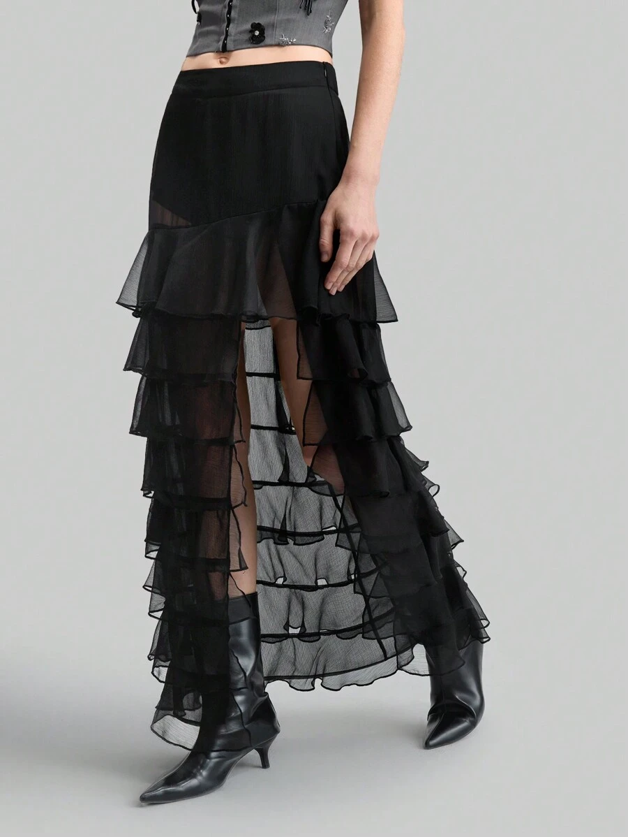 Ontre 女士优雅纯色多层荷叶边下摆高开叉 A 字裙，复古/怀旧风格