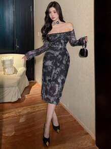 DAZY 女式露肩扎染长袖花卉、荷叶边、秋季连衣裙 - 黑色 - 查看 3