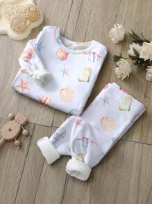 Baby Girl Seashell And Starfish Pattern Casual Simple Comfortable Thick Long Sleeve & Long Pants Homewear Suitable For Autumn/Winter, Snug Fit - Multicolor - View 4