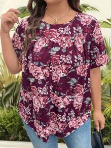EMERY ROSE Plus Size Women Casual Round Neck Floral Printed T-Shirt Top