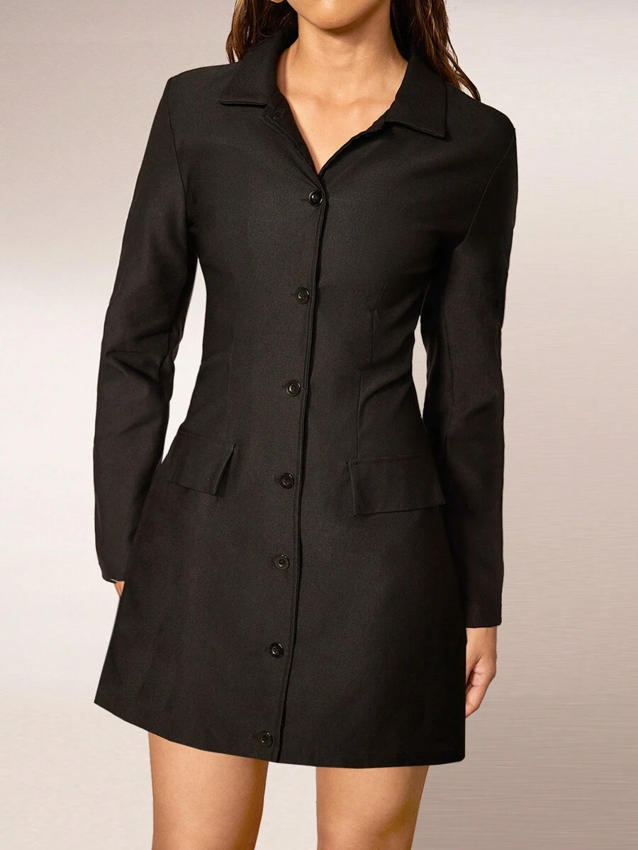 Forever 21 Women Front Button Long Sleeve Simple Casual Short Dress - Black - View 1