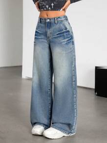 SHEIN 少女复古宽松蓝色牛仔裤