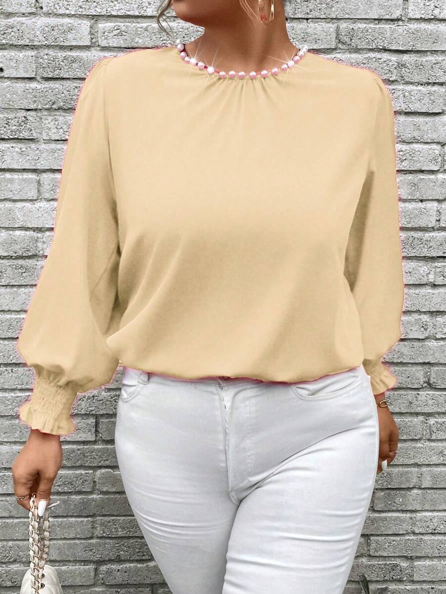 Celure 秋季大码优雅串珠灯笼袖衬衫