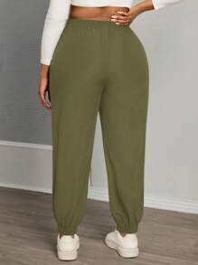SHEIN PETITE CURVE Plus Size Drawstring Waist Pants, Jogger Pants, Loose Fit - Army Green - View 2