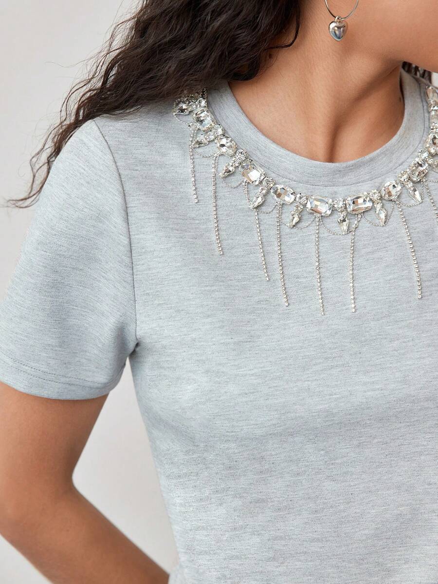 MOTF STUDIO RHINESTONE FRINGE FITTED T-SHIRT - Grey - View 2