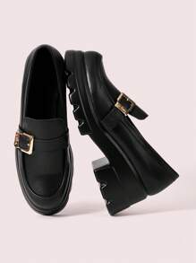 CUCCOO DOLLMOD Women's Outdoor Round Toe Wedge Thick Bottom Button Decorated Black PU Glossy Material Fashion Simple Black Slip-On Flat Shoes