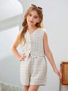 SHEIN Leap Crew Tween Girls Fashionable Front Button Sleeveless Top And Straight Leg Shorts Set - White - View 7