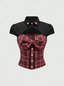 ROMWE Kawaii Retro Y2K Subkultura Harajuku Styl Patchwork Różowa Kratka Metalowa Dekoracja Hollow Koszula Dla Kobiet