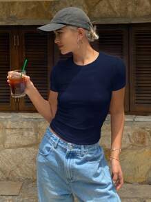 Livesso Camiseta de mujer de manga corta y ajuste ceñido de unicolor con cuello redondo para el verano, ropa de vuelta al colegio - Azul Marino - Ver 2