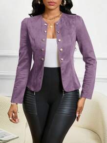 SHEIN Lady Four Season/ Attire/ Suede Black Button Detail Open Front Jacket In Fall/Winter - Purple - View 7