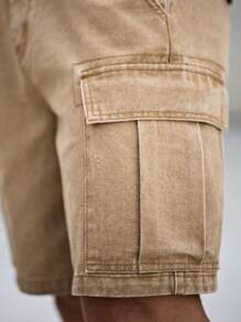 Manfinity Homme Men's Casual Washed Khaki Cargo Denim Shorts - Khaki - View 3