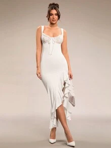 SHEIN BAE Elegant Sexy Women's Lace Patchwork High Slit Ruffle Hem Dress, Suitable For Girlfriend Gathering, Party, Spring Outing, Romantic Vacation