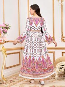Teen Girls Elegant V-Neck Long Sleeve Waisted Dress With Gold Pattern For Teen Girls, Ideal For Vacation,Holiday,Summer,Travel