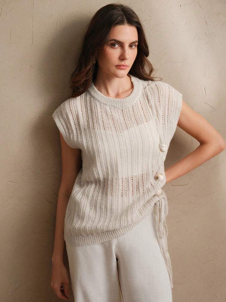 Elegant Fashionable Versatile Beige Sea Horse Mohair & Wool Knitted Top, Spring Summer For Women