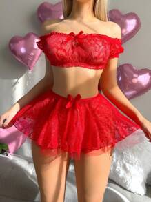 SHEIN 3pcs Valentine's Day Sweet Lingerie Set (Wireless, Skirt + G-String) - Red - View 3