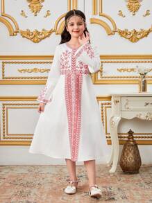 Tween Girl 本土传统花卉印花 V 领喇叭袖白色连衣裙，适合外出和聚会 - 白色 - 查看 5