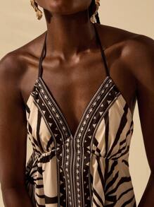 CAJUNI 女士波西米亚热带风情黑色和米色印花 V 领无袖露背迷你连衣裙，海滩度假休闲夏季太阳裙 - 彩色 - 查看 5