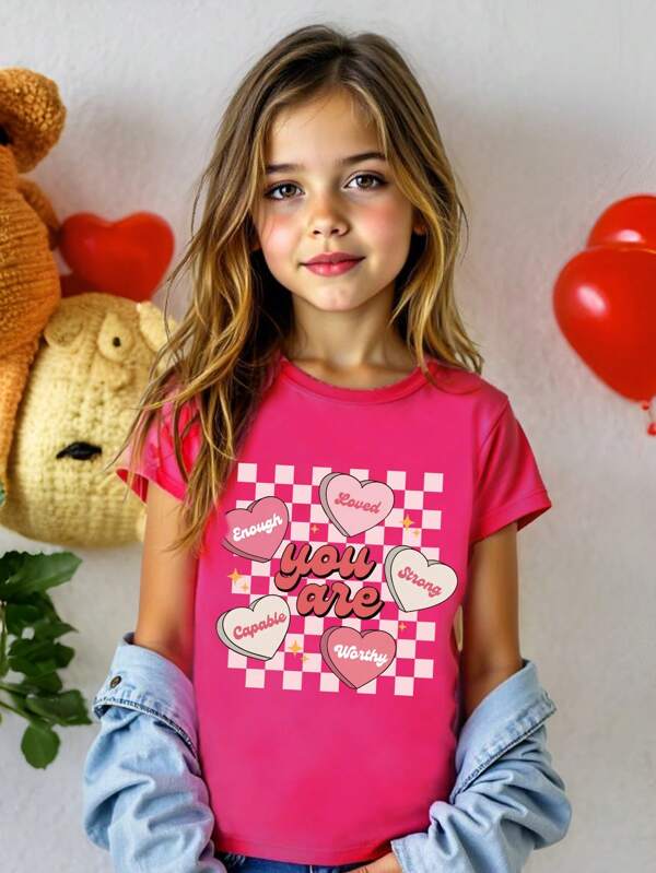 SHEIN Tricou de bază cu mânecă scurtă cu imprimeu grafic pentru fete și adolescenți