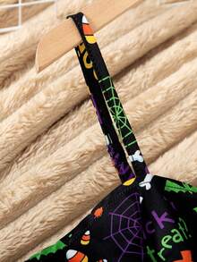 Girls Toddler Skull & Pumpkin All-Over Print Suspender Ruched Trim Fitted Halloween Dress - Black - View 5