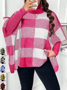 SHEIN Unity 大码女式格子高领蝙蝠袖宽松套头毛衣，秋冬新年针织套头衫 - 彩色 - 查看 1