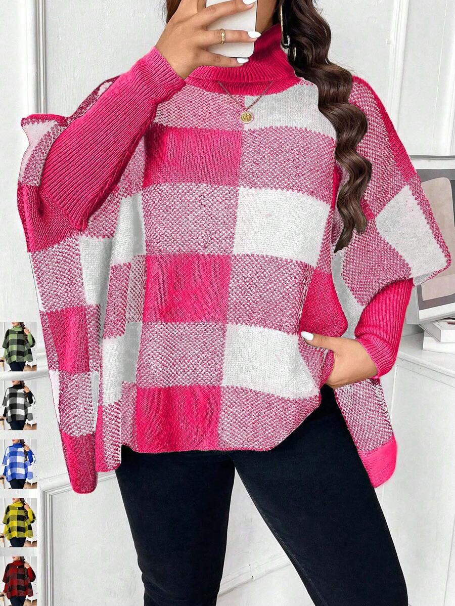 SHEIN Unity 大码女式格子高领蝙蝠袖宽松套头毛衣,秋冬新年针织套头衫 - 彩色 - 查看 1