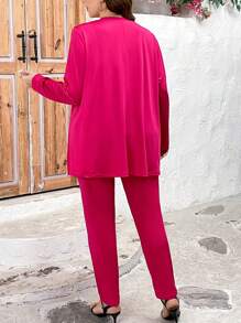 SHEIN LUNE 2 件套大码纯色前扣长袖休闲上衣和长裤套装 - 玫紅色 - 查看 2