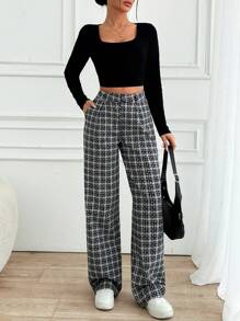 EURMUSE Women Check Pattern High Waist Straight Pants - Grey - View 3