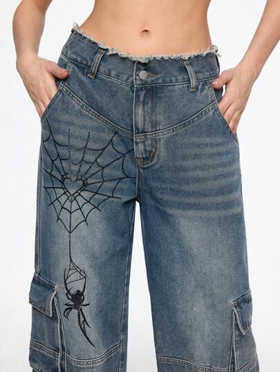 Goth Jeans de cargo con estilo punk lavado e impresión de araña para mujeres