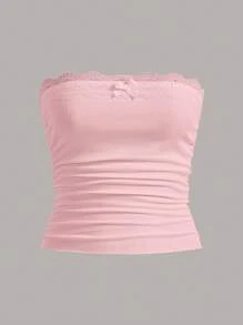 Sweetina Summer Going Out Lace Ruched Bow Front Tube Pink Top - Baby Pink - View 4