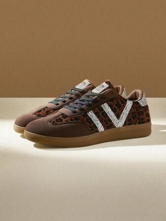 CUCCOO EASI 女士豹纹拼布亮片休闲运动鞋，适合日常穿着，春季鞋，复活节运动鞋