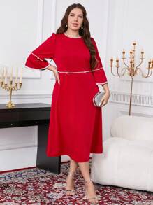 SHEIN Clasi Plus Size Solid Color Round Neck Rhinestone Decor Elegant Red Dress - Red - View 5