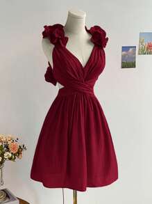 Soleia Women's Valentine's Day Red A-Line Ruffle V-Neck Backless Cross-Tied Waist Short Burgundy Dress, For Vacation & Back To School,Valentine Day,Dress For Women,Red Vintage Dress For Women,Birthday Dress For Women,Summer Dress For Women, Western Wear Woman - Burgundy - View 7