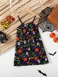 Girls Toddler Skull & Pumpkin All-Over Print Suspender Ruched Trim Fitted Halloween Dress - Black - View 1