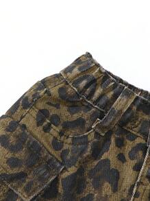 SHEIN 年轻女孩豹纹3D工装牛仔短裤，甜美街头风格 - 咖啡棕 - 查看 8