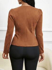 SHEIN Lady 四季/服装/秋冬绒面黑色纽扣细节开襟夹克