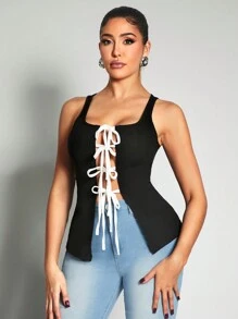Zolique Bequeme und lässige neue sexy Mode für Frauen, quadratischer Ausschnitt, Farbblockdesign mit Träger, Schlitz, schlanke Damen Camitop - Schwarz - Übersicht 3