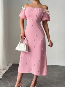 Rafferiza Vestido elegante con escote descubierto, lazo y decoración de perlas falsas