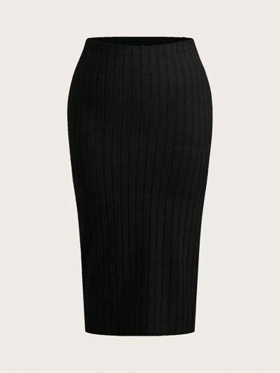 SHEIN EZwear Plus Size Solid Color Minimalist Ribbed Knit Skirt, Casual Everyday Wear,Winter Clothes For Women