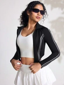 Gameset SHEIN Sport Jaket Olahraga Pendek Wanita dengan Resleting dan Warna Kontras - MultiWarna - View 3