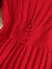 SHEIN LUNE 女士秋冬 V 领长袖褶皱中长连衣裙，束腰，适合新年服装 - 紅色 - 查看 8