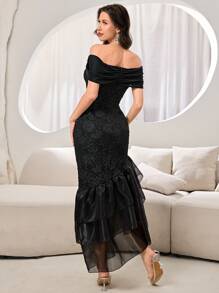 Modelyn 女士纯色露肩网眼拼接休闲连衣裙 - 黑色 - 查看 2