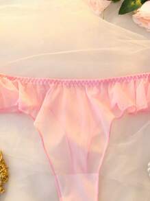 Cute Elastic Tulle Ruffle Thong, Extremely Low Rise Lingerie - Pink - View 3