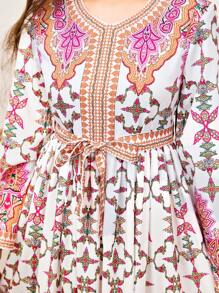 Teen Girls Elegant V-Neck Long Sleeve Waisted Dress With Gold Pattern For Teen Girls, Ideal For Vacation,Holiday,Summer,Travel