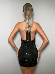 EgrlEra Women's Backless Tie Neck Rhinestone Decor Bodycon Mini Dress - Black - View 2