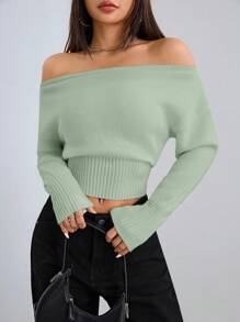 SHEIN Unity Women Casual Solid Color Off Shoulder Long Sleeve Cropped Sweater Knit Pullover Fall Winter - Green - View 1