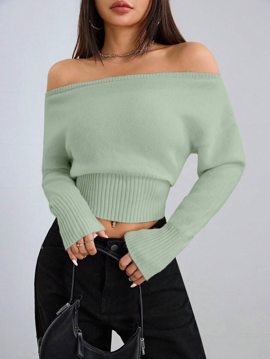 SHEIN Unity Women Casual Solid Color Off Shoulder Long Sleeve Cropped Sweater Knit Pullover Fall Winter - Green - View 1