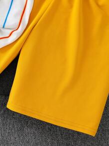 Tween 男孩条纹字母图案印花宽松圆领短袖 T 恤和黄色短裤 2 件套，休闲，夏季运动、度假、上学穿着 - 黃色 - 查看 5