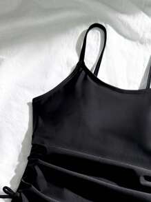 Tween Girls One-Piece Swimsuit With Mesh Skirt, 2pcs Casual Printed Swimwear Set - Black - View 5