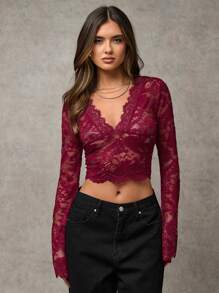 SHEIN BAE Solid Color Sexy Sheer Red Lace V-Neck Bodycon Flared Long Sleeve Women's Top For Summer Holiday, Date Night, Singles Party Valentine's Day Outfits Nashville Outfits - Red - View 5