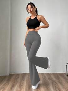 SHEIN EZwear Dark Floral Gray Knitted Women's Skinny Flare Pants - Dark Grey - View 4